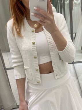 Zara Womens Cardigan Sweater Sz L Ivory Gold Buttons Knit Preppy